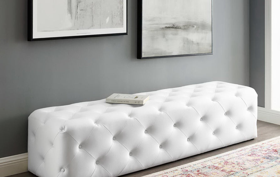 Alder 72" Tufted Button Entryway Faux Leather Bench in White