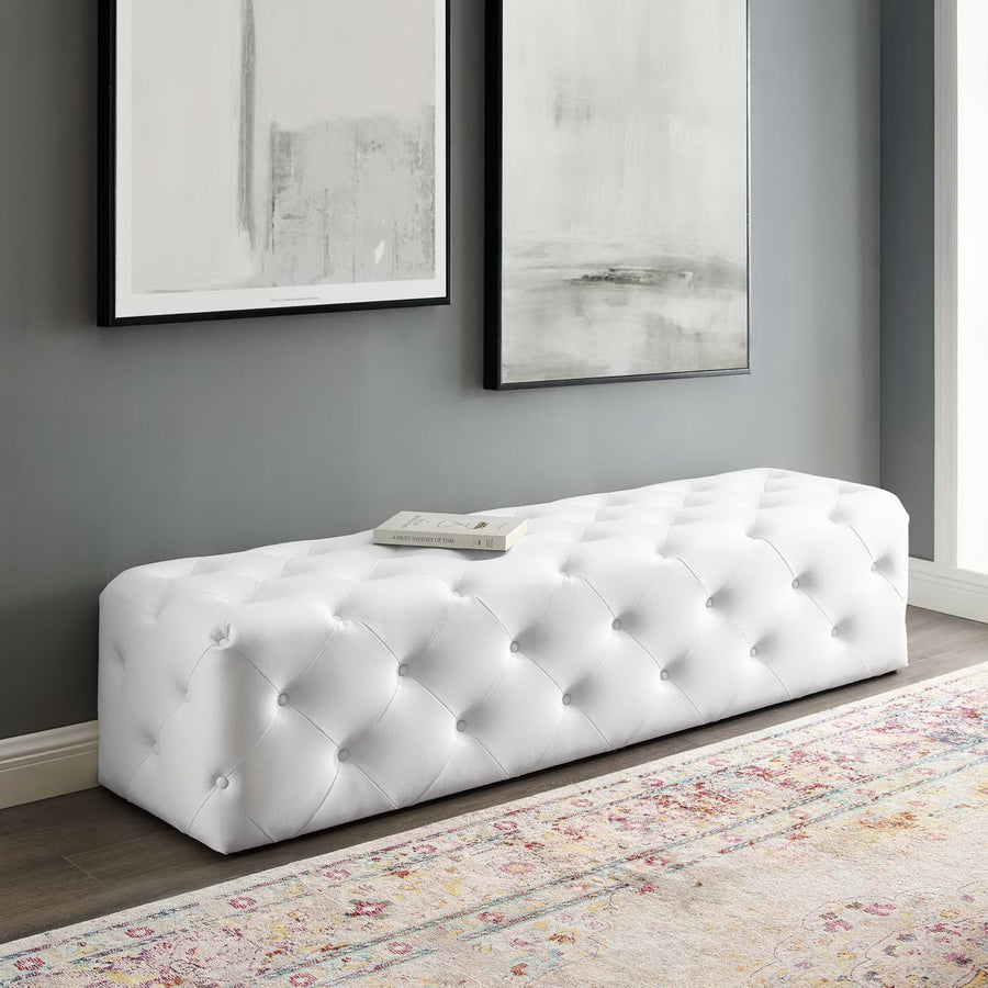 Alder 72" Tufted Button Entryway Faux Leather Bench in White