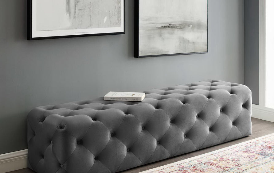 Alder 72" Tufted Button Entryway Performance Velvet Bench in Gray
