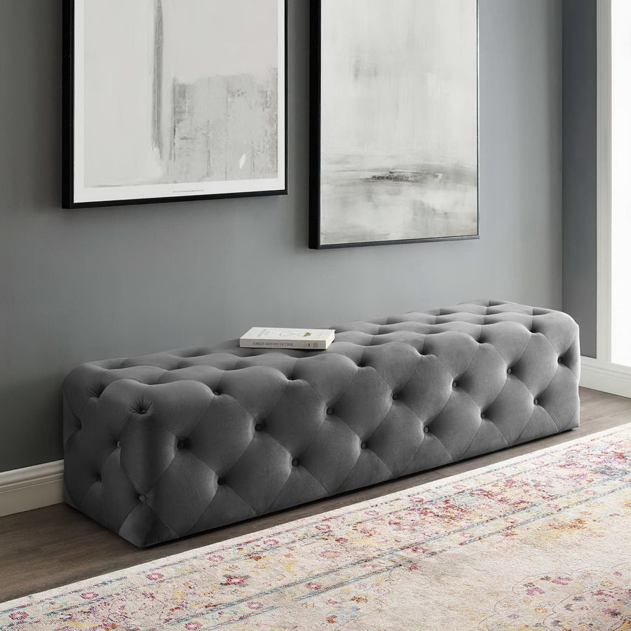Alder 72" Tufted Button Entryway Performance Velvet Bench in Gray
