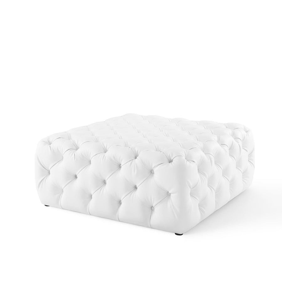 Alder Tufted Button Large Square Faux Leather Ottoman in White