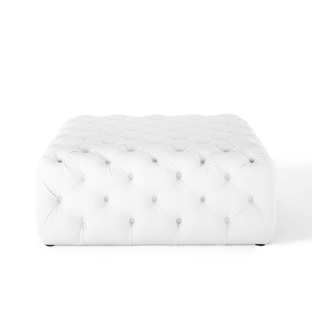 Amour Tufted Button Large Square Faux Leather Ottoman in White