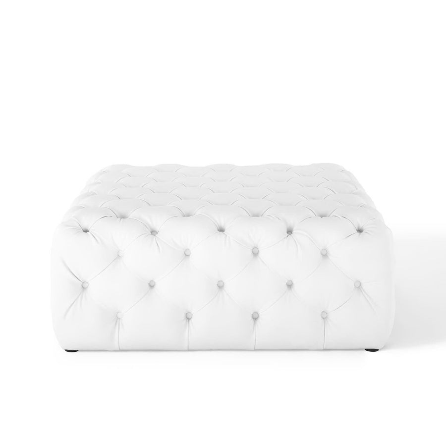 Alder Tufted Button Large Square Faux Leather Ottoman in White
