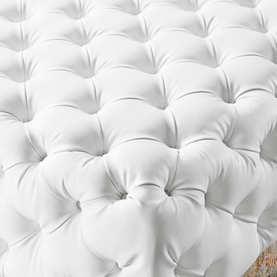 Alder Tufted Button Large Square Faux Leather Ottoman in White