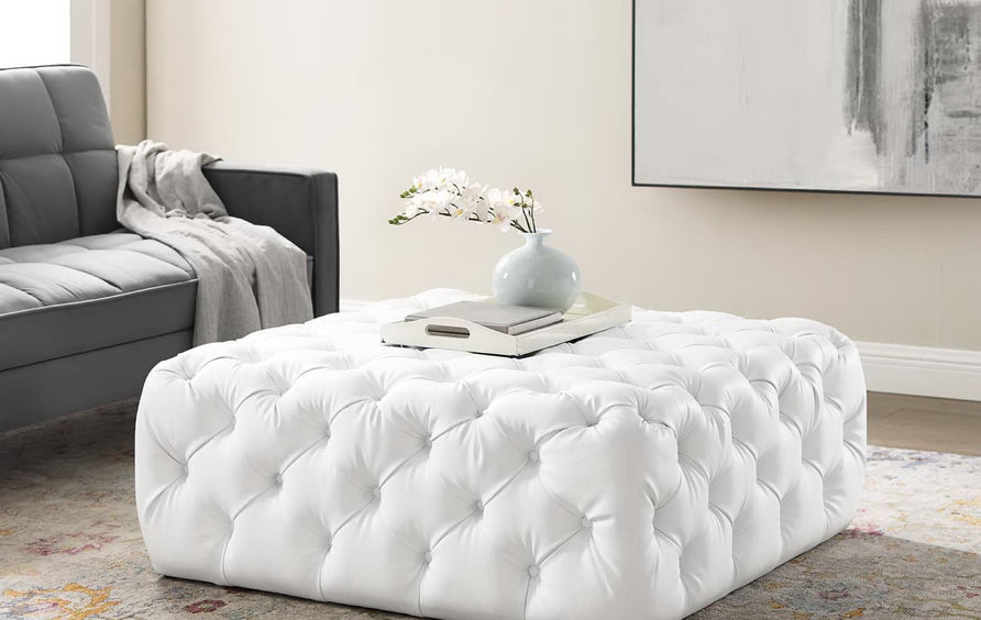 Alder Tufted Button Large Square Faux Leather Ottoman in White