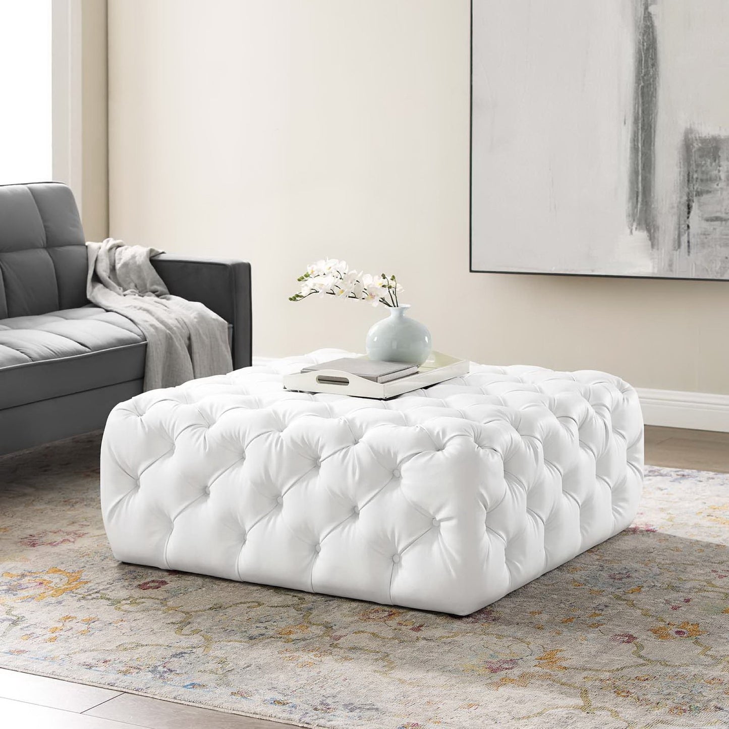 Amour Tufted Button Large Square Faux Leather Ottoman by Furniture For America