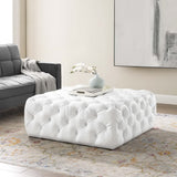Alder Tufted Button Large Square Faux Leather Ottoman in White