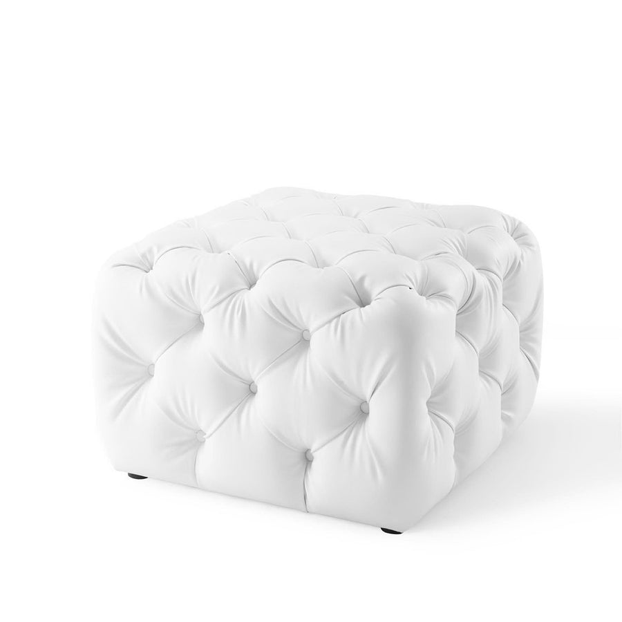 Alder Tufted Button Square Faux Leather Ottoman in White