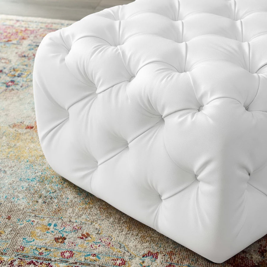 Alder Tufted Button Square Faux Leather Ottoman in White