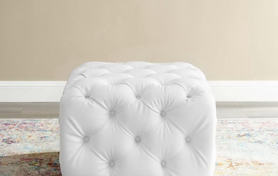 Alder Tufted Button Square Faux Leather Ottoman in White