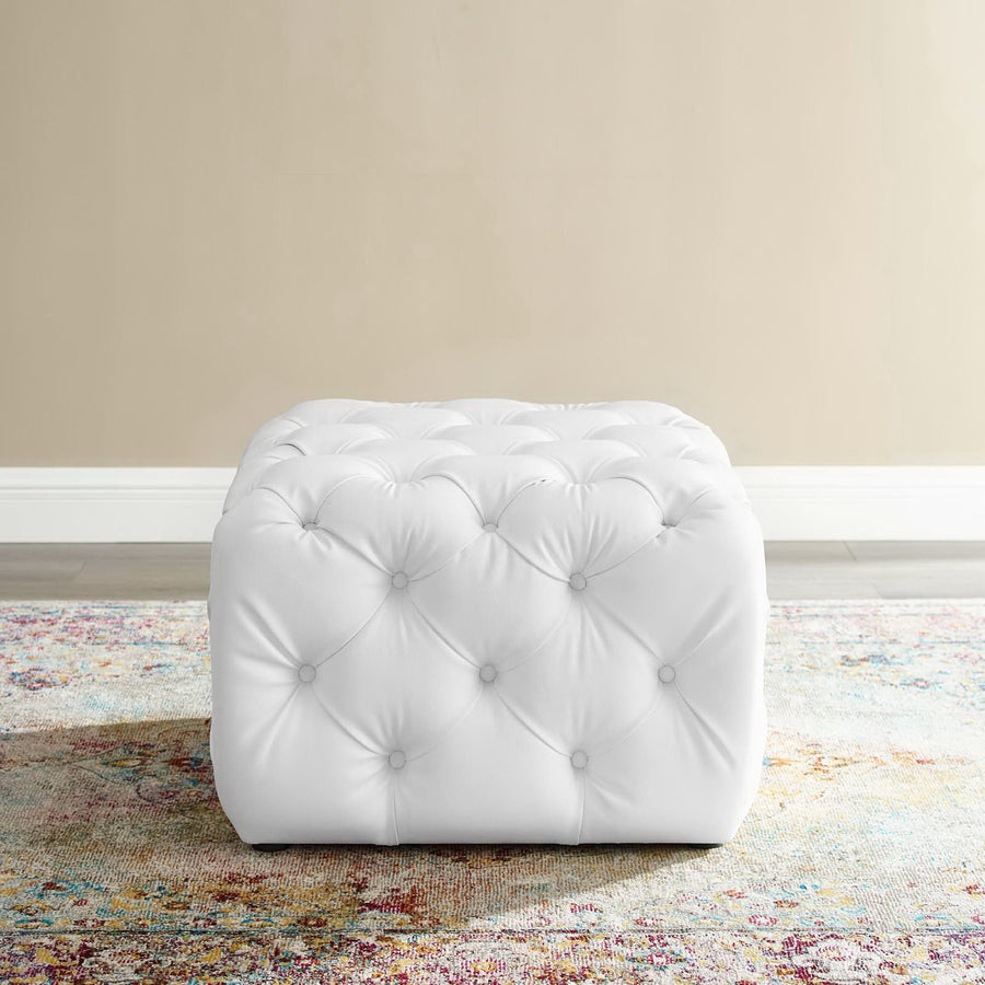 Alder Tufted Button Square Faux Leather Ottoman in White