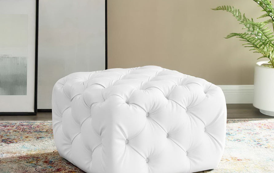 Alder Tufted Button Square Faux Leather Ottoman in White