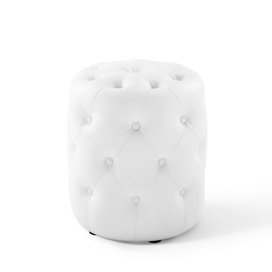 Alder Tufted Button Round Faux Leather Ottoman in White