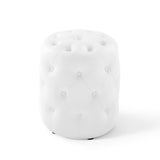 Alder Tufted Button Round Faux Leather Ottoman in White