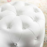 Alder Tufted Button Round Faux Leather Ottoman in White
