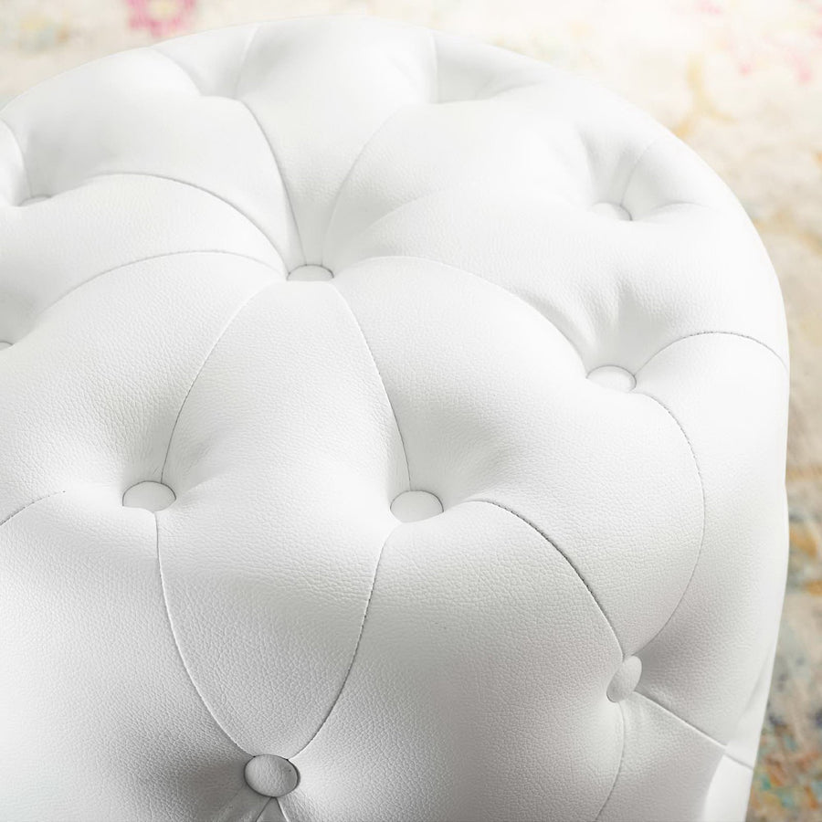 Alder Tufted Button Round Faux Leather Ottoman in White