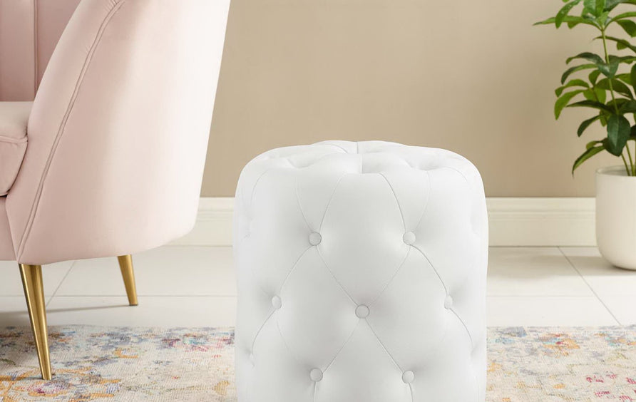 Alder Tufted Button Round Faux Leather Ottoman in White