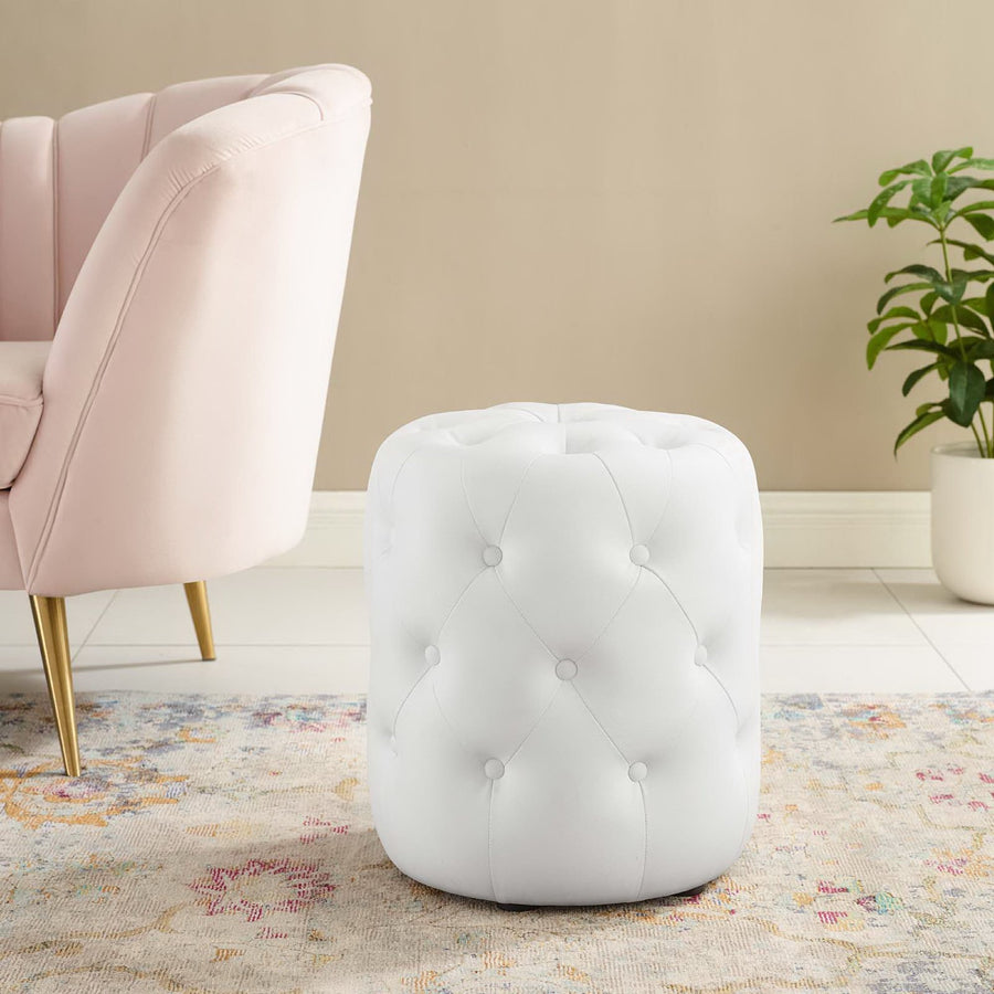 Alder Tufted Button Round Faux Leather Ottoman in White