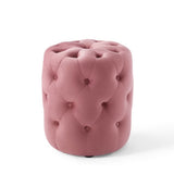 Alder Tufted Button Round Performance Velvet Ottoman in Dusty Rose