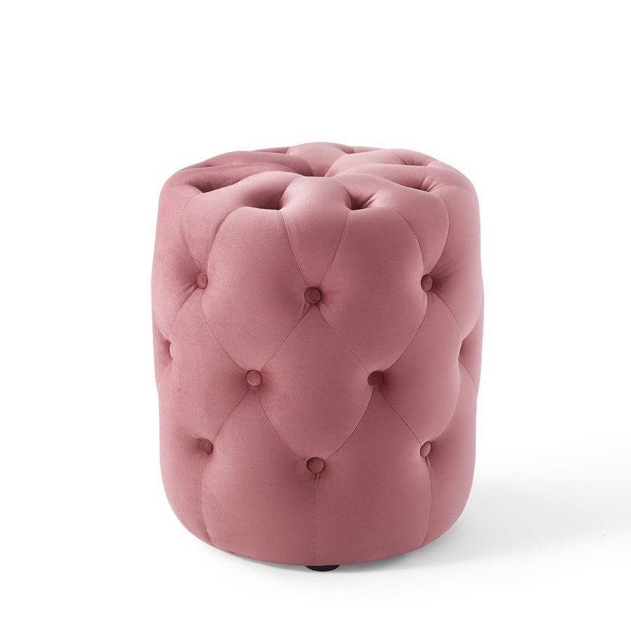 Alder Tufted Button Round Performance Velvet Ottoman in Dusty Rose
