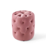 Alder Tufted Button Round Performance Velvet Ottoman in Dusty Rose