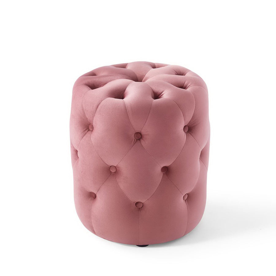 Alder Tufted Button Round Performance Velvet Ottoman in Dusty Rose