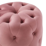 Alder Tufted Button Round Performance Velvet Ottoman in Dusty Rose