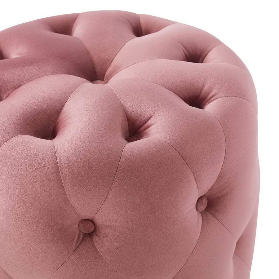Alder Tufted Button Round Performance Velvet Ottoman in Dusty Rose