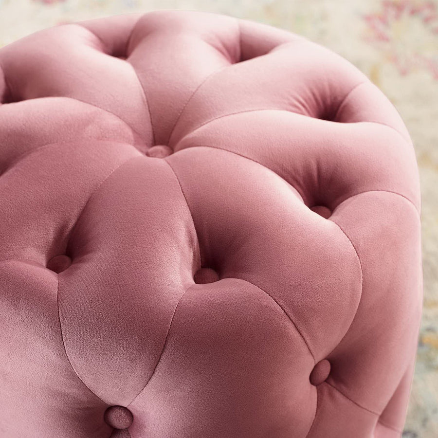 Alder Tufted Button Round Performance Velvet Ottoman in Dusty Rose