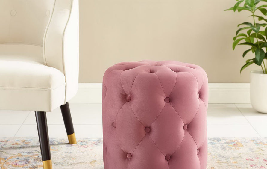Alder Tufted Button Round Performance Velvet Ottoman in Dusty Rose