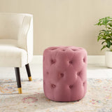 Alder Tufted Button Round Performance Velvet Ottoman in Dusty Rose