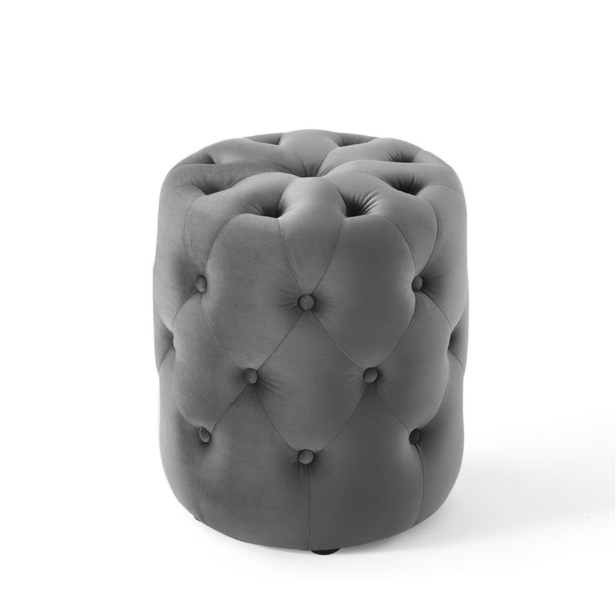 Alder Tufted Button Round Performance Velvet Ottoman in Gray