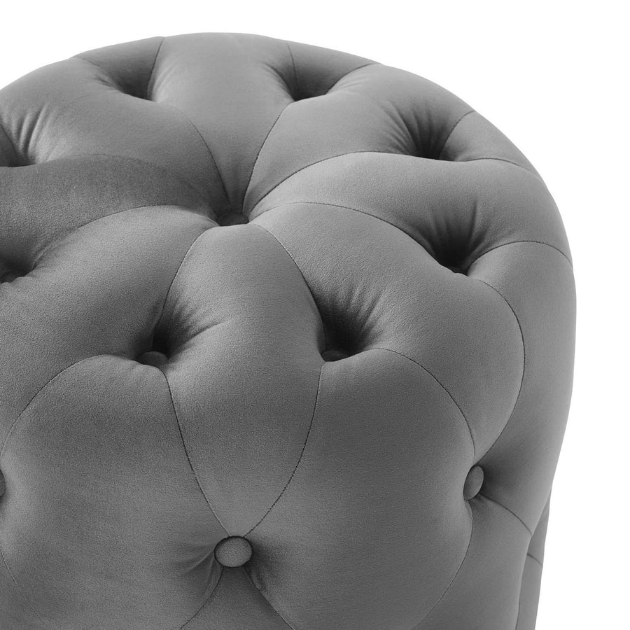 Alder Tufted Button Round Performance Velvet Ottoman in Gray