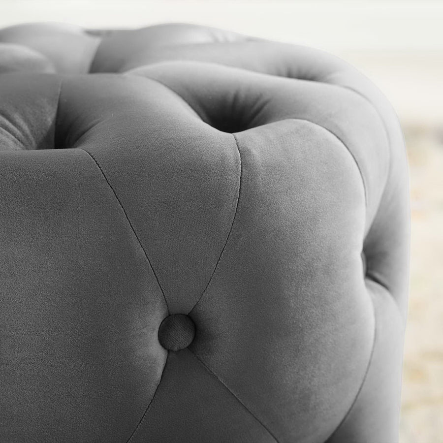 Alder Tufted Button Round Performance Velvet Ottoman in Gray