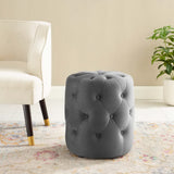 Alder Tufted Button Round Performance Velvet Ottoman in Gray