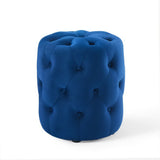 Alder Tufted Button Round Performance Velvet Ottoman in Navy