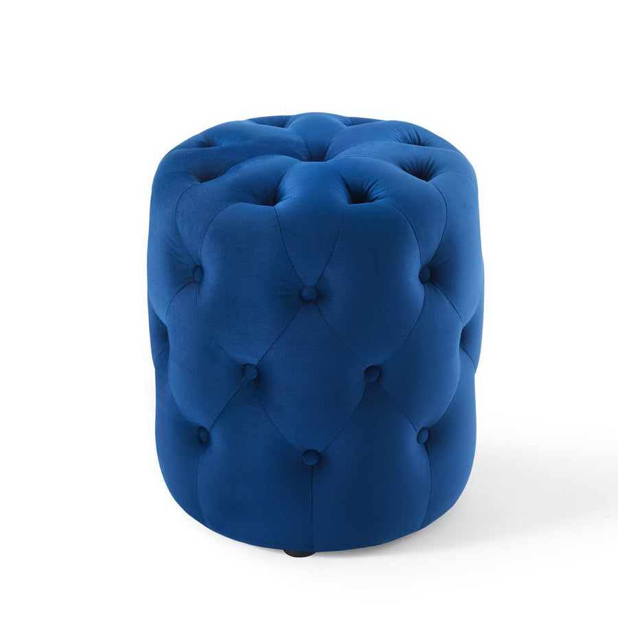 Alder Tufted Button Round Performance Velvet Ottoman in Navy