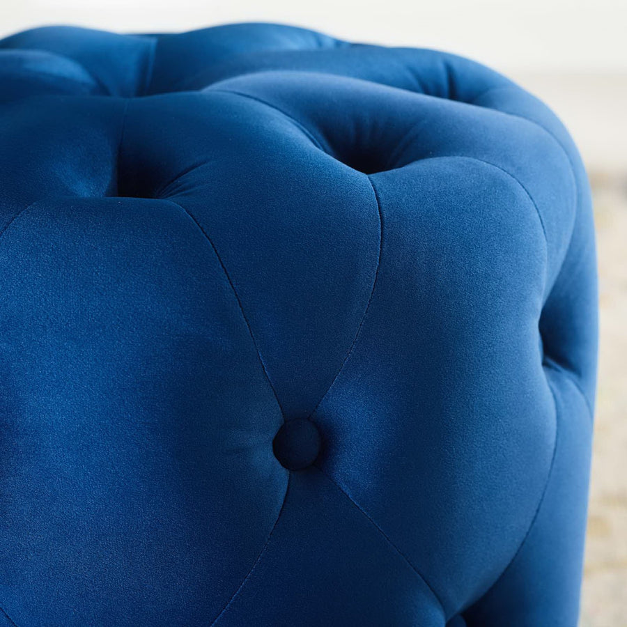 Alder Tufted Button Round Performance Velvet Ottoman in Navy