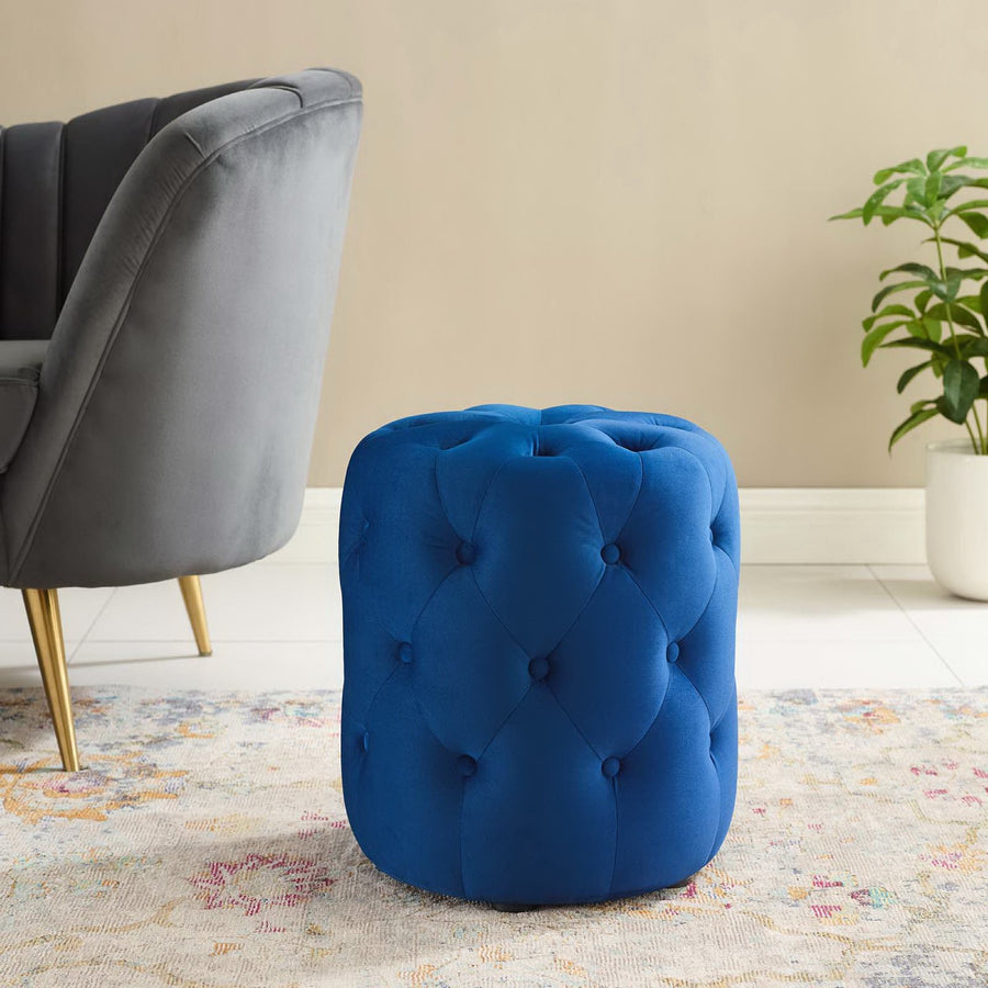 Alder Tufted Button Round Performance Velvet Ottoman in Navy