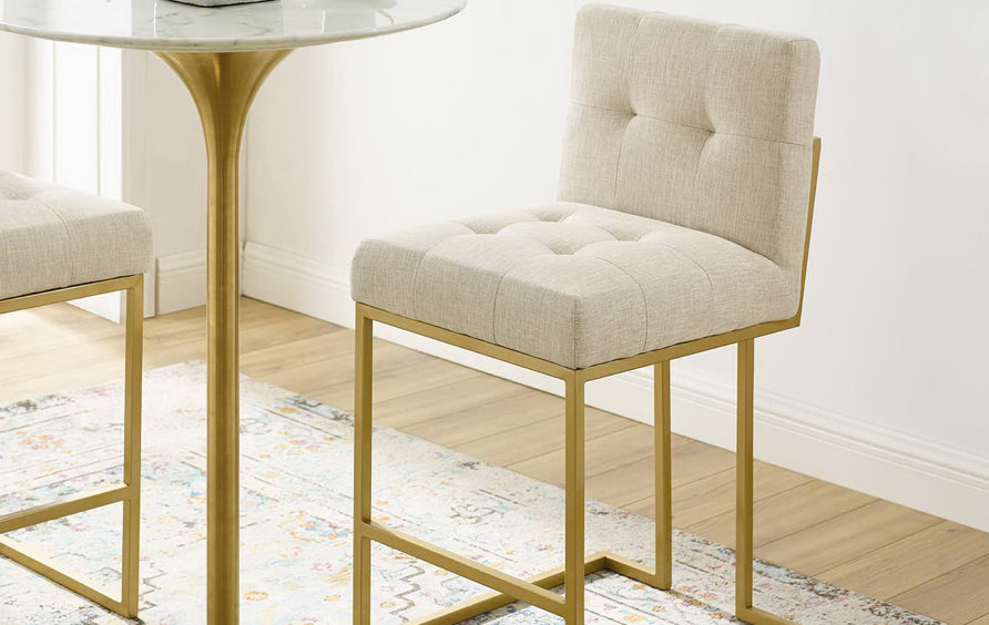 Indigo Gold Stainless Steel Upholstered Fabric Counter Stool in Gold Beige