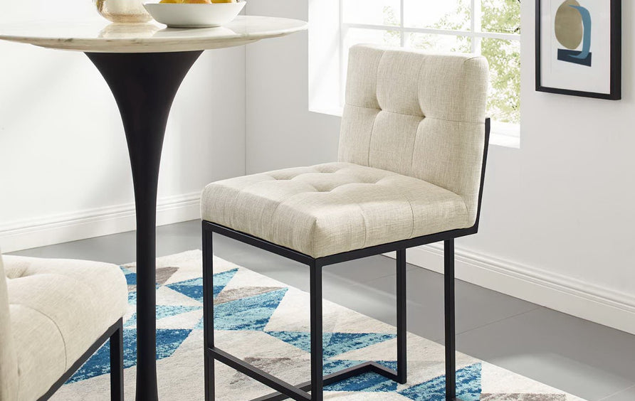 Indigo Black Stainless Steel Upholstered Fabric Counter Stool in Black Beige