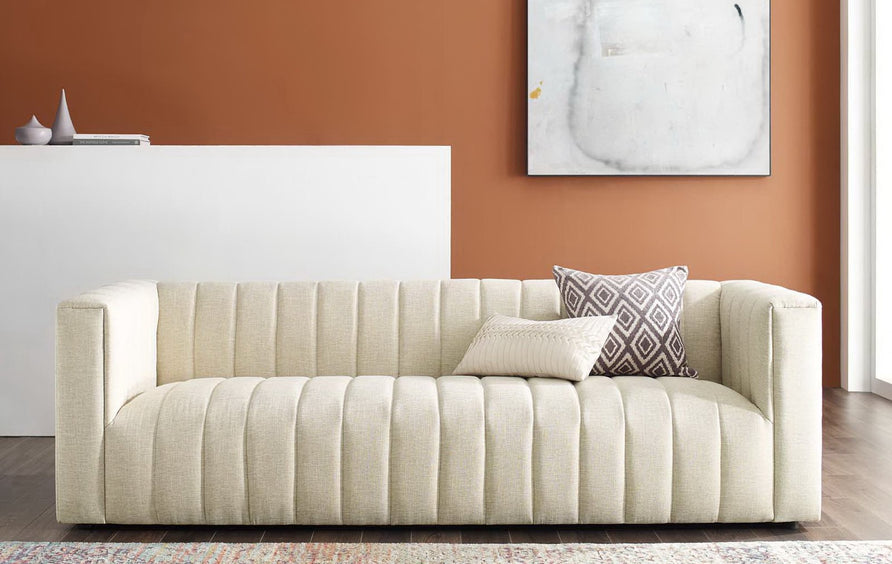 Clifden Channel Tufted Upholstered Fabric Sofa in Beige
