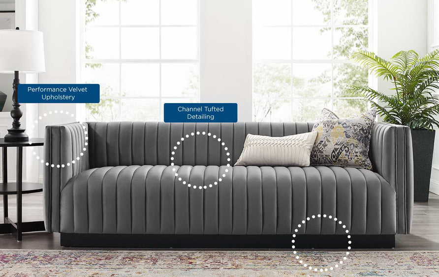 Olive Channel Tufted Velvet Sofa in Gray