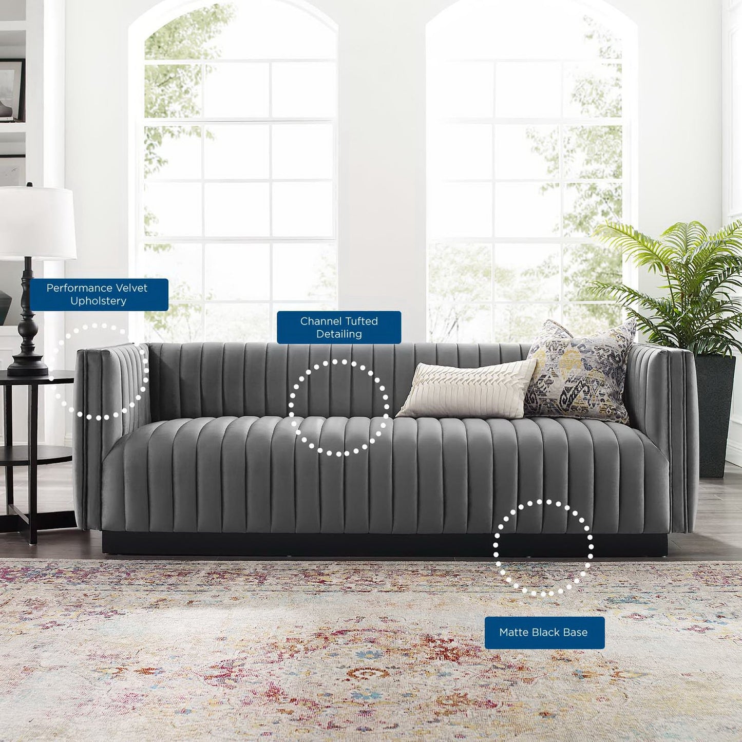 Olive Channel Tufted Velvet Sofa in Gray