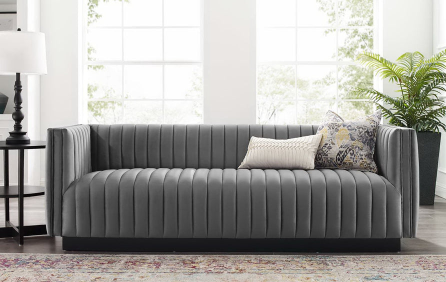 Olive Channel Tufted Velvet Sofa in Gray