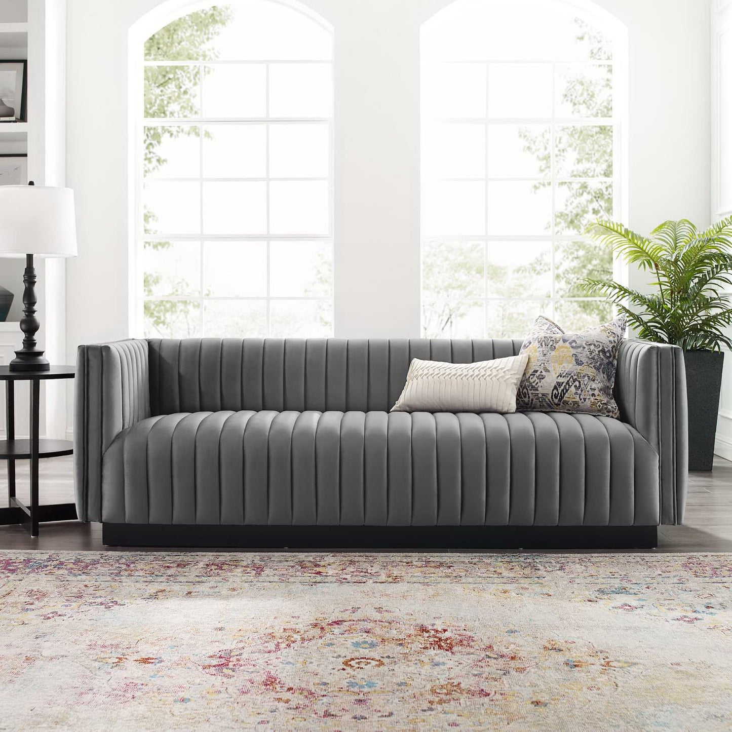 Olive Channel Tufted Velvet Sofa in Gray