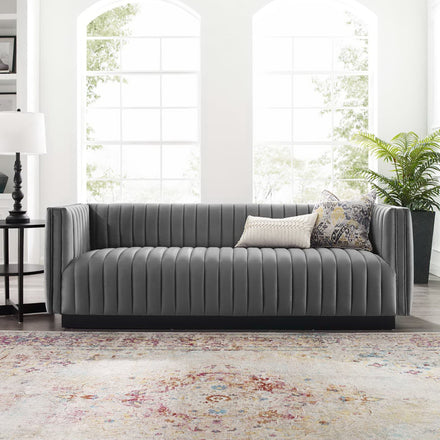 Conjure Channel Tufted Velvet Sofa in Gray