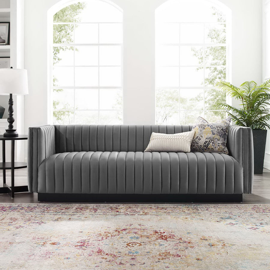 Olive Channel Tufted Velvet Sofa in Gray