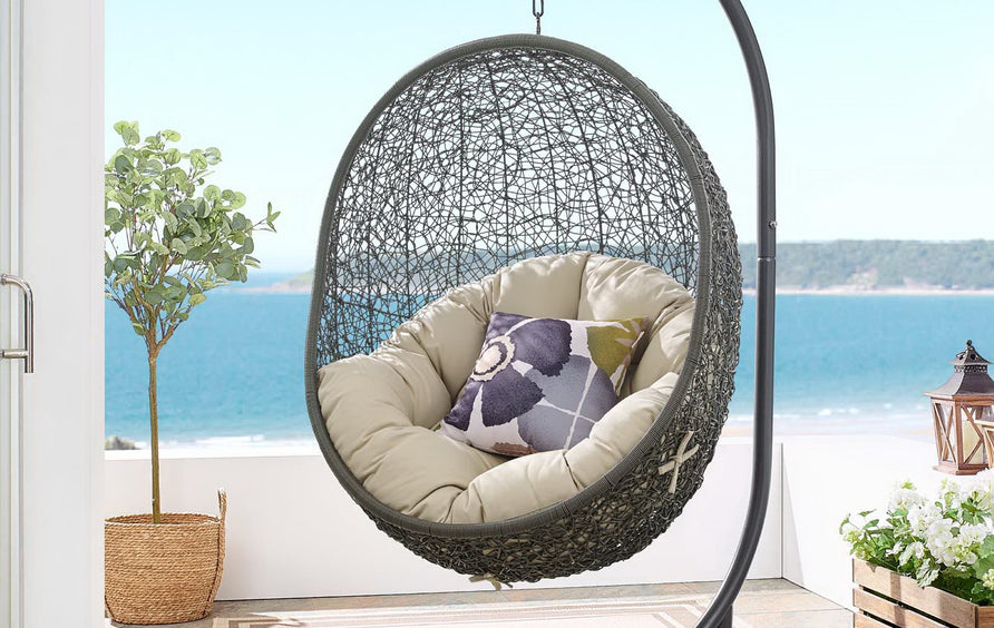 Cornice Outdoor Patio Sunbrella® Swing Chair With Stand in Gray Beige