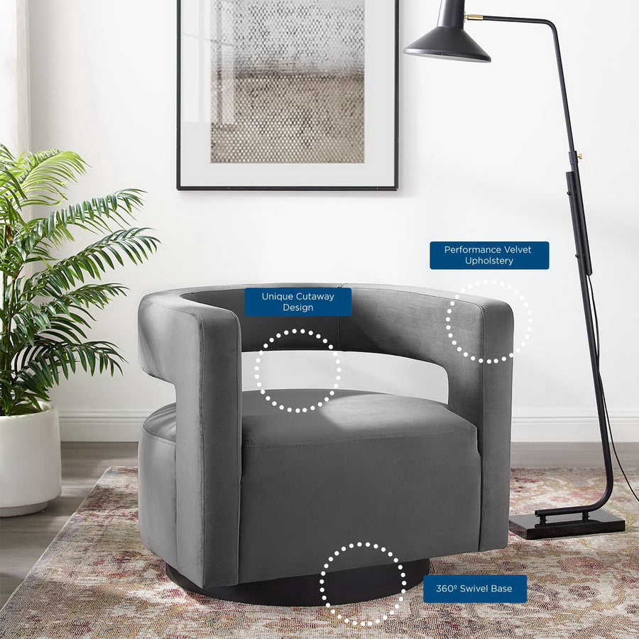 Aalborg Cutaway Performance Velvet Swivel Armchair in Gray